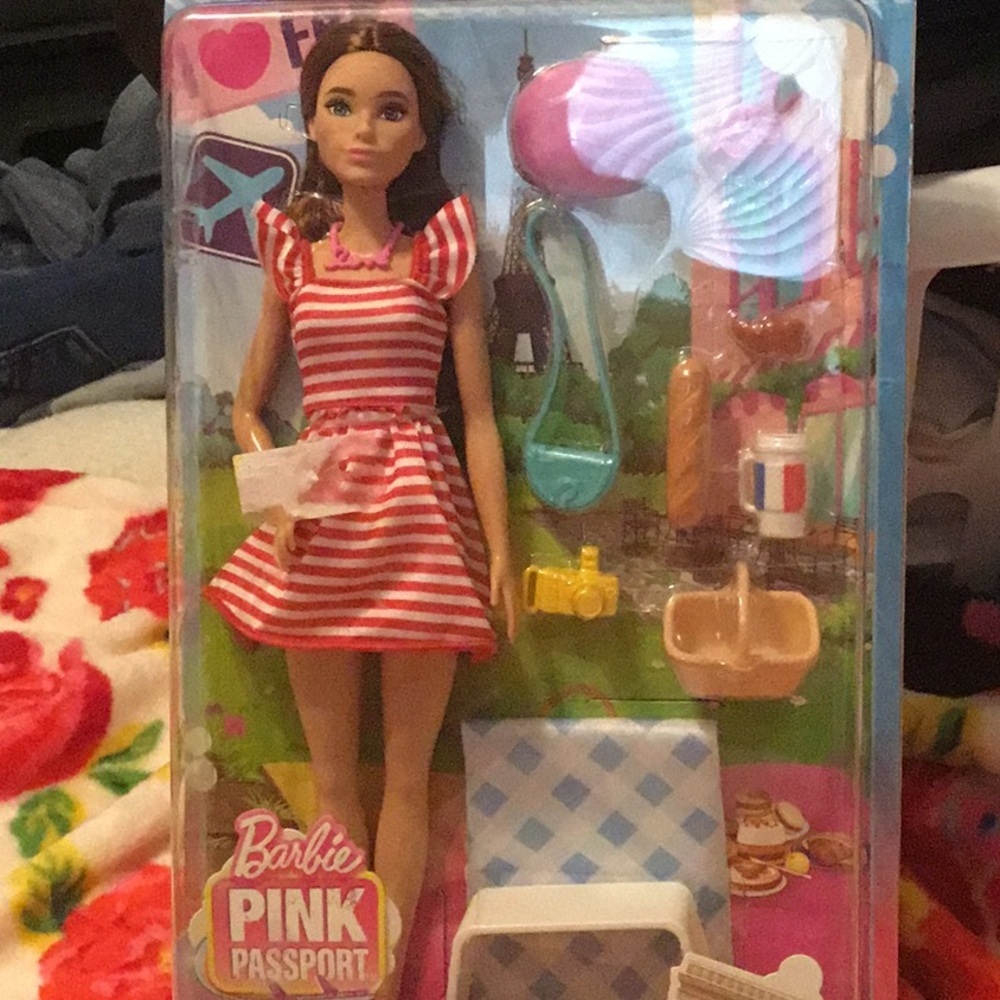 Barbie Pink Passport Doll with Red Striped Dress & Accessories